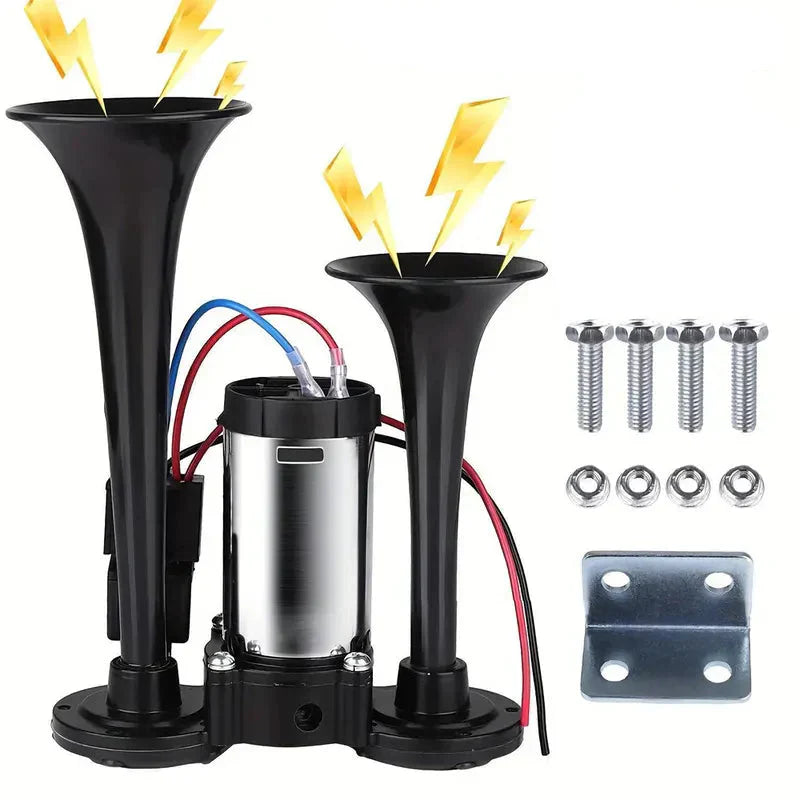 2026 Upgraded 12V 130DB Air Horn Dual Horn, Horn Kit with Air Compressor,Dual Electric Air Horns Kit with Compressor for Vehicles Trucks Pickup Trains Lorrys SUVs Cars Boats (12V SilverBlack) Alarm for Home Security, allveramart