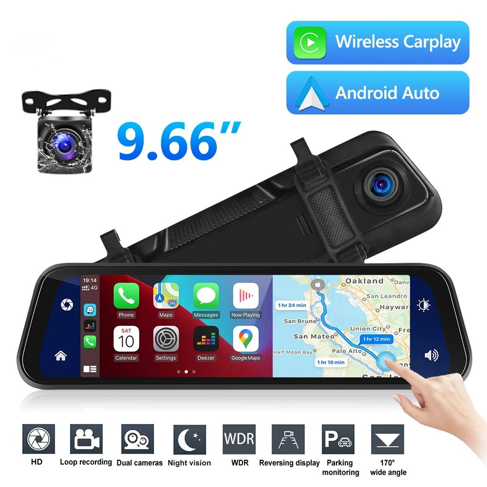 Mirror Dash Cam with Dual Front and Rear Cameras and 9.66 Inch Touchscreen