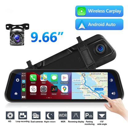Mirror Dash Cam with Dual Front and Rear Cameras and 9.66 Inch Touchscreen