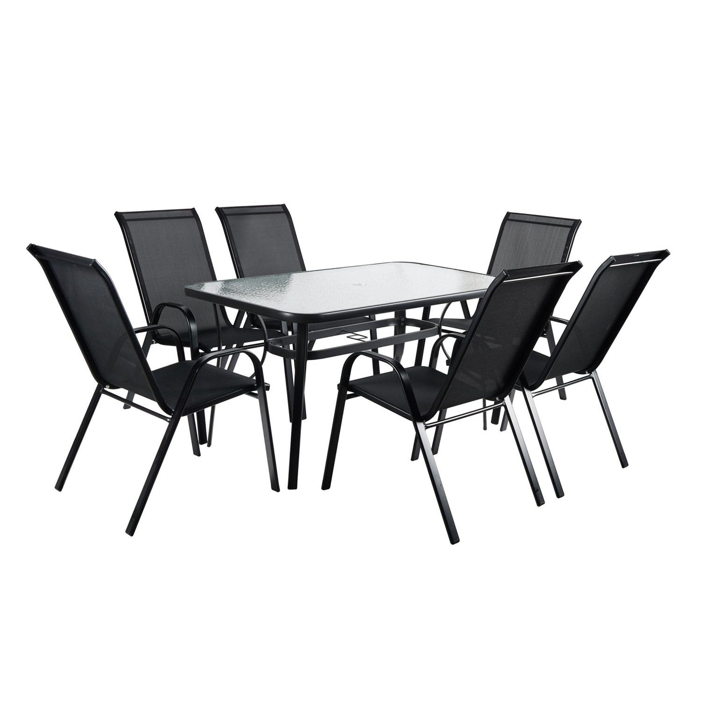 Kara Dining Set, Seating for 6 with Glass Top Table and Black Chairs