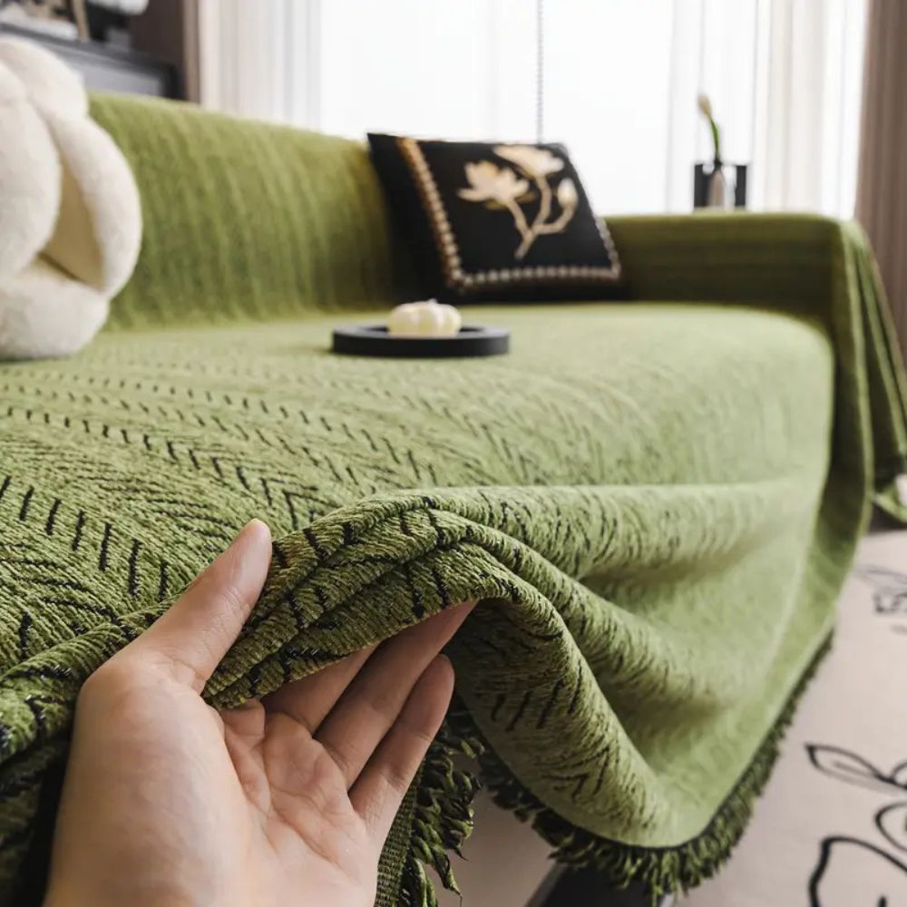Microfiber Chenille Sofa Cover with Herringbone Pattern and Tassel Trim, Pet Friendly