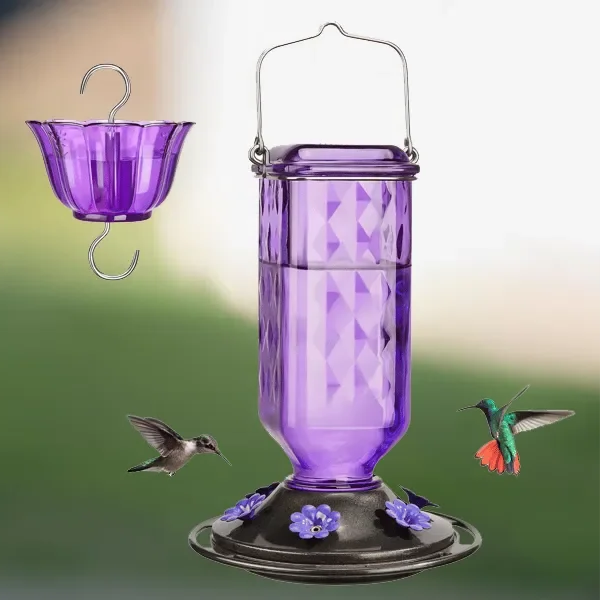 Glass Hummingbird Feeder with Six Flower Ports and Ant Moat, 24oz