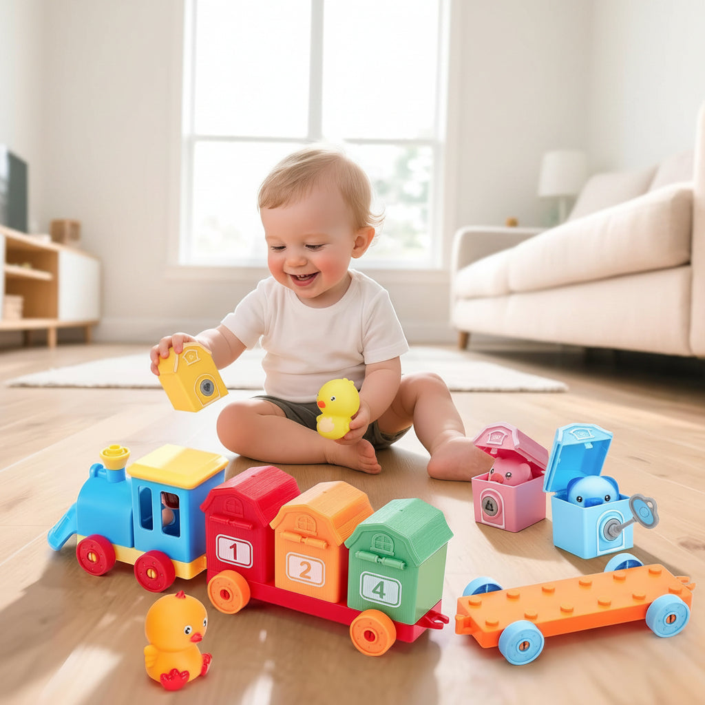 Wooden Train Set with Numbered Carts and Farm Animals for Toddler Counting and Sorting