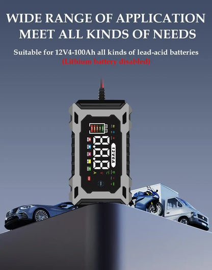 Smart Car and Motorcycle Battery Charger with 12V 6A Output and Digital Display