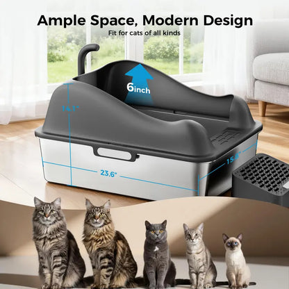 Stainless Steel Cat Litter Box | Extra Large 100L Enclosed Litter Box with Smart Odor Control, Auto Pause Sensor, 180° Flip Lid for Easy Cleaning, Anti-Leak High Walls, Step Mat & Scoop | Ideal for Multiple Cats allveramart