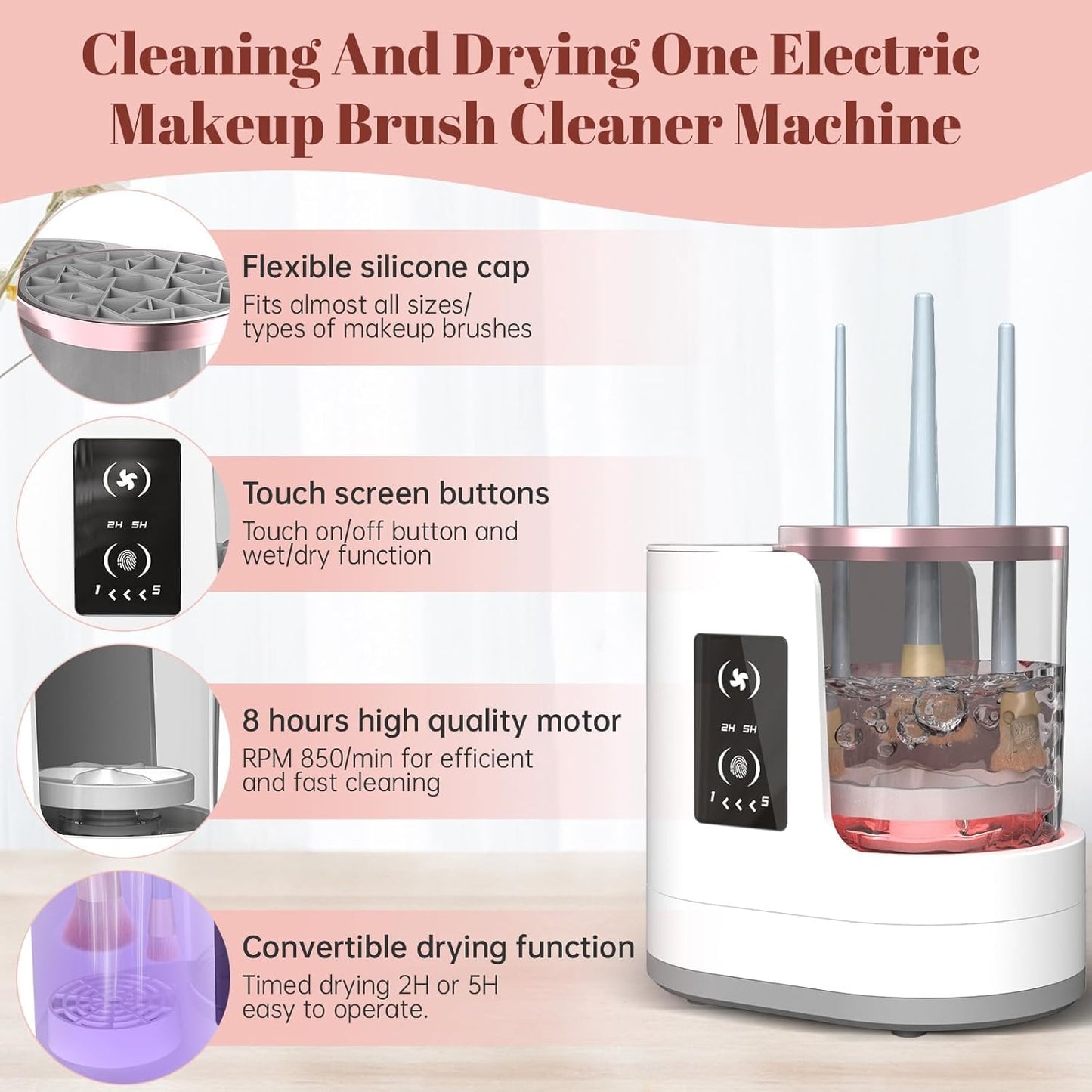Automatic Spinning Makeup Brush Cleaner with Multiple Silicone Collars and Clear Bowl