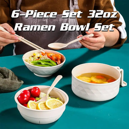 6PC/Set Microwave Ramen Bowl Set, Ramen Noodle Cooker with Lid & Handle,Perfect for Home, Office, Dorm, or College Tableware allveramart