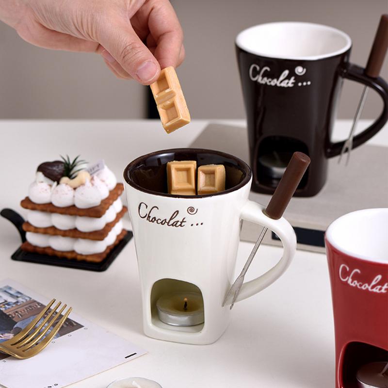 Ceramic Fondue Cup with Candle Warmer and Stainless Steel Fork