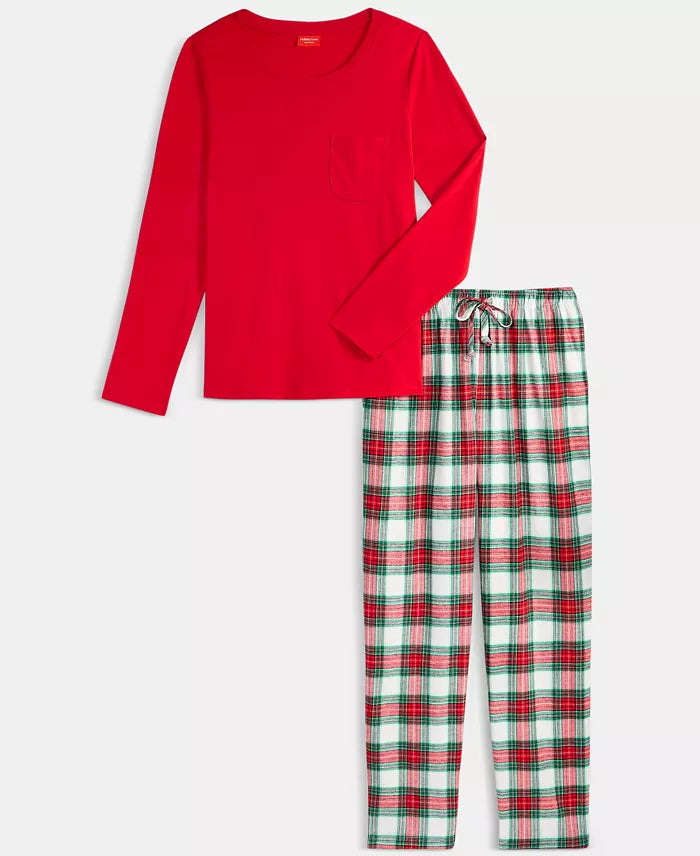 Womens Cozy Flannel Sleep Set with Plaid Crew Neck Top and Tie Waist Pants