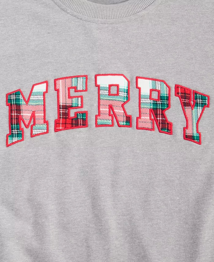Plaid Merry Applique Sweatshirt with Crew Neck and Soft Stretch for Holiday Wear