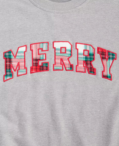 Plaid Merry Applique Sweatshirt with Crew Neck and Soft Stretch for Holiday Wear