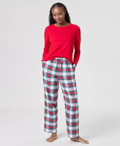 Womens Cozy Flannel Sleep Set with Plaid Crew Neck Top and Tie Waist Pants