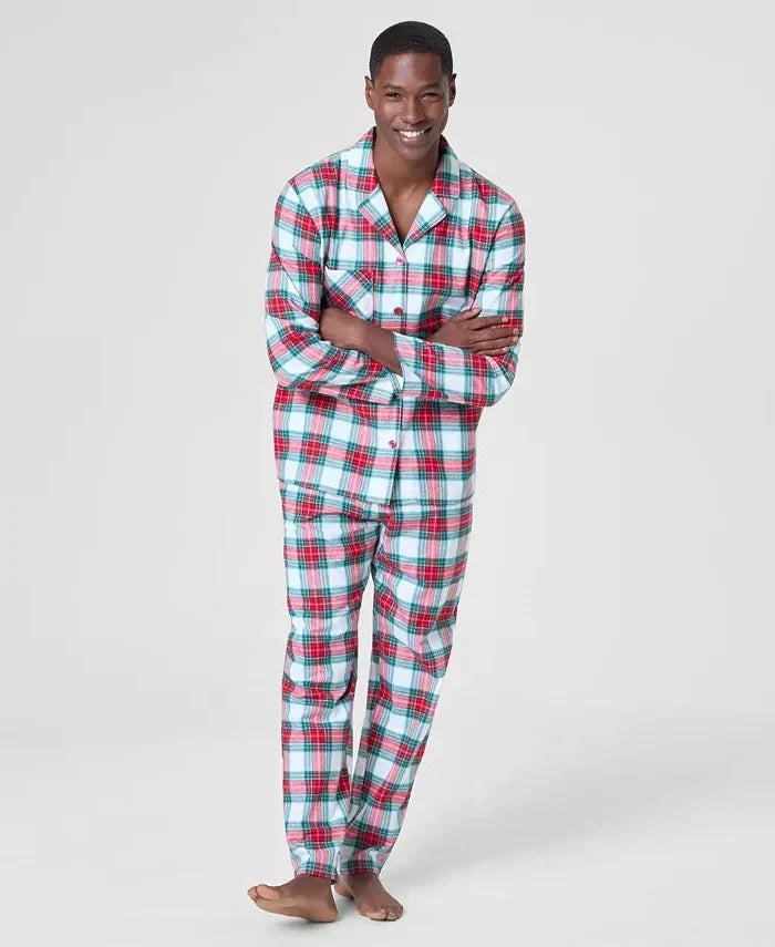 Woven Cotton Pajama Set with Notch Collar Button Top, Button Cuffs and Drawstring Pants
