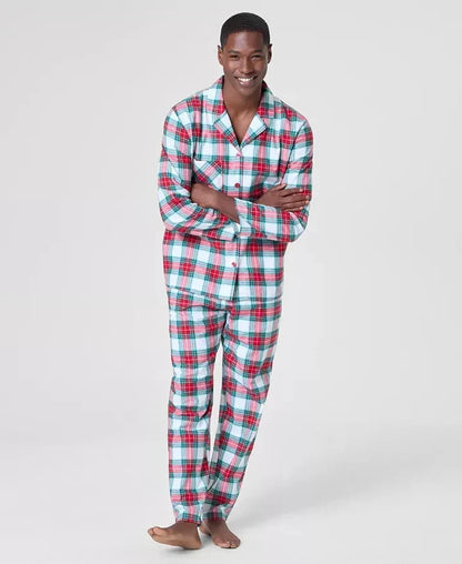 Woven Cotton Pajama Set with Notch Collar Button Top, Button Cuffs and Drawstring Pants