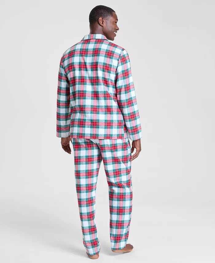 Woven Cotton Pajama Set with Notch Collar Button Top, Button Cuffs and Drawstring Pants