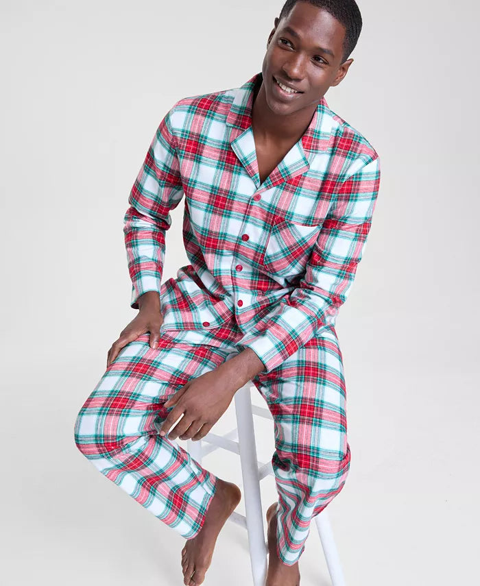 Woven Cotton Pajama Set with Notch Collar Button Top, Button Cuffs and Drawstring Pants