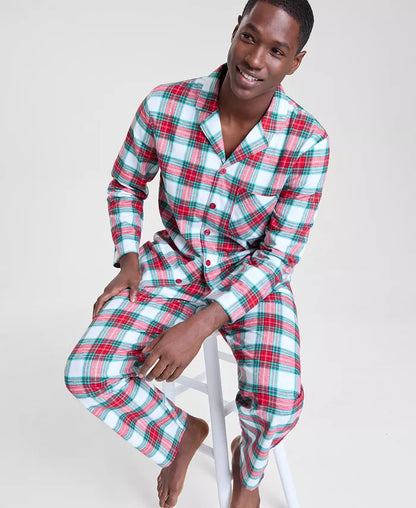 Woven Cotton Pajama Set with Notch Collar Button Top, Button Cuffs and Drawstring Pants