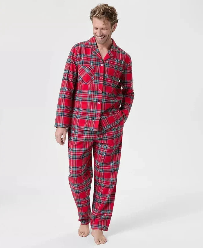 Woven Flannel Plaid Pajama Set with Chest Pocket Notched Collar Shirt and Drawstring Pants