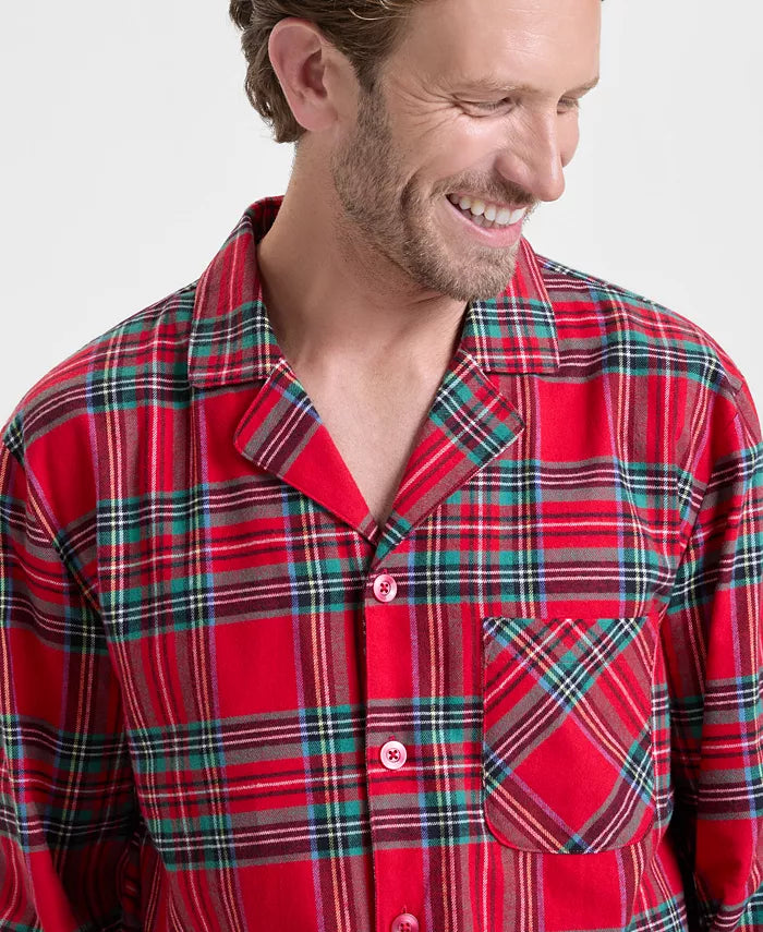 Woven Flannel Plaid Pajama Set with Chest Pocket Notched Collar Shirt and Drawstring Pants