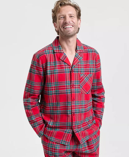 Woven Flannel Plaid Pajama Set with Chest Pocket Notched Collar Shirt and Drawstring Pants