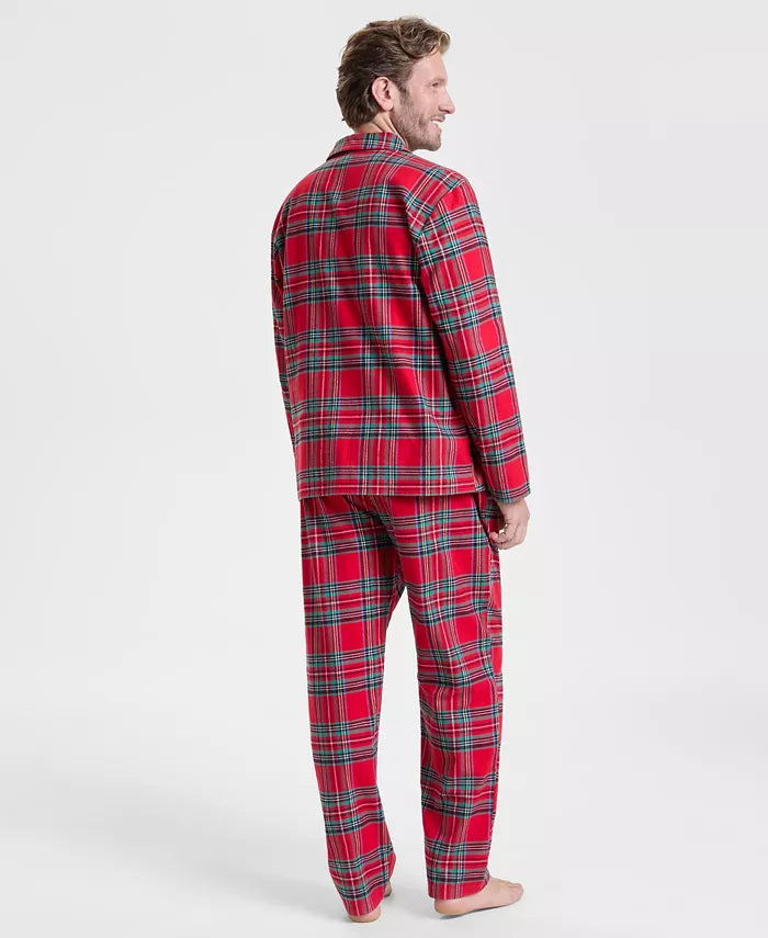 Soft Plaid Flannel Lounge Set with Notched Collar Shirt, Chest Pocket and Pull On Pants