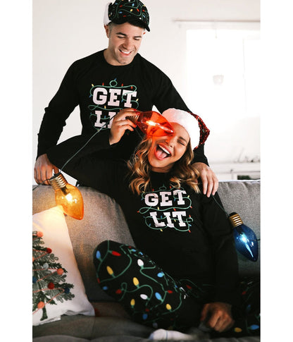 Mens Long Sleeve Holiday Pajama Set with Get Lit Text and Christmas Tree Graphic
