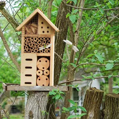 Wooden Insect Shelter with Multiple Nesting Chambers for Bees and Garden Pollinators