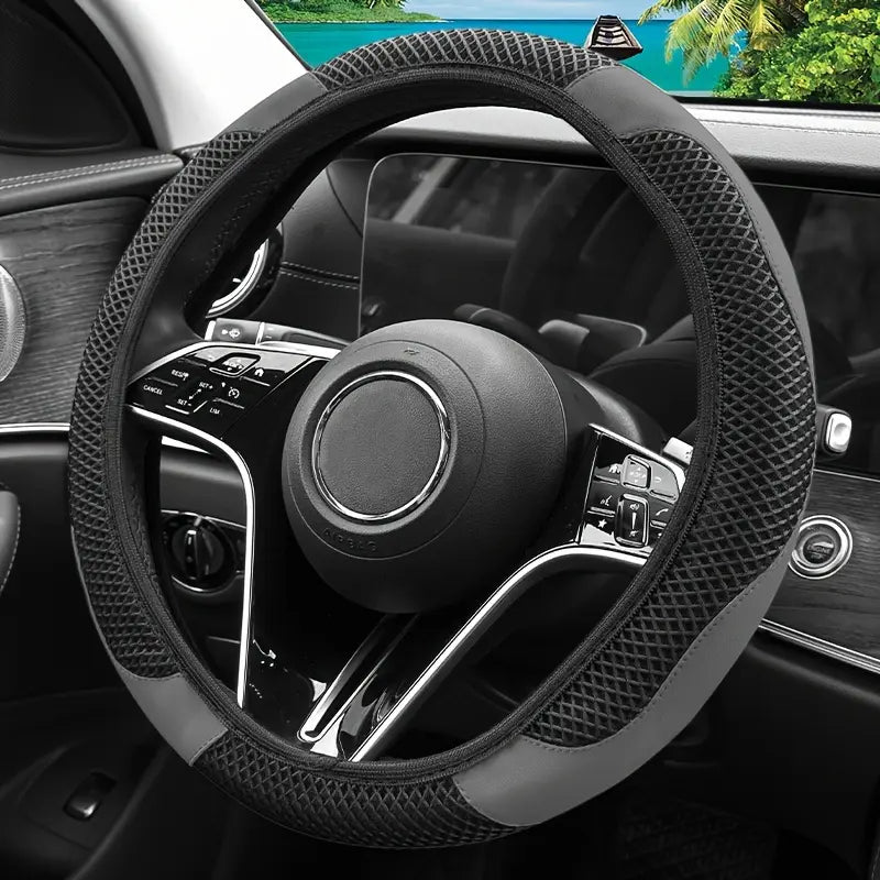Non inner circle ice silk mesh+wear-resistant PU leather splicing steering wheel cover, breathable and sweat absorbing, universal anti slip handle cover allveramart