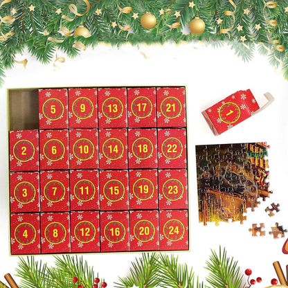 Countdown Puzzle Calendar with 24 Daily Boxes of Cardboard Pieces That Build One Christmas Scene