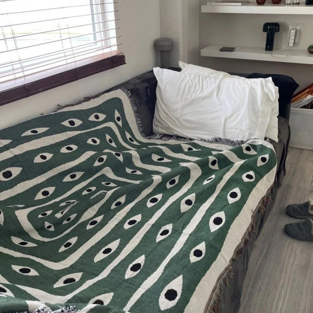 Reversible Cotton Throw Blanket with Snake Eye Pattern and Tassel Edges, Green and Cream