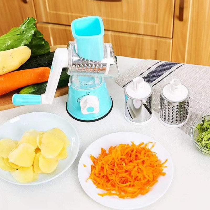 Rotary Vegetable Grater with Hand Crank and Three Interchangeable Blades