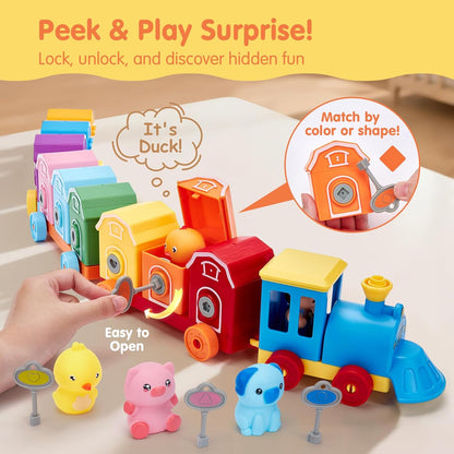 Wooden Train Set with Numbered Carts and Farm Animals for Toddler Counting and Sorting