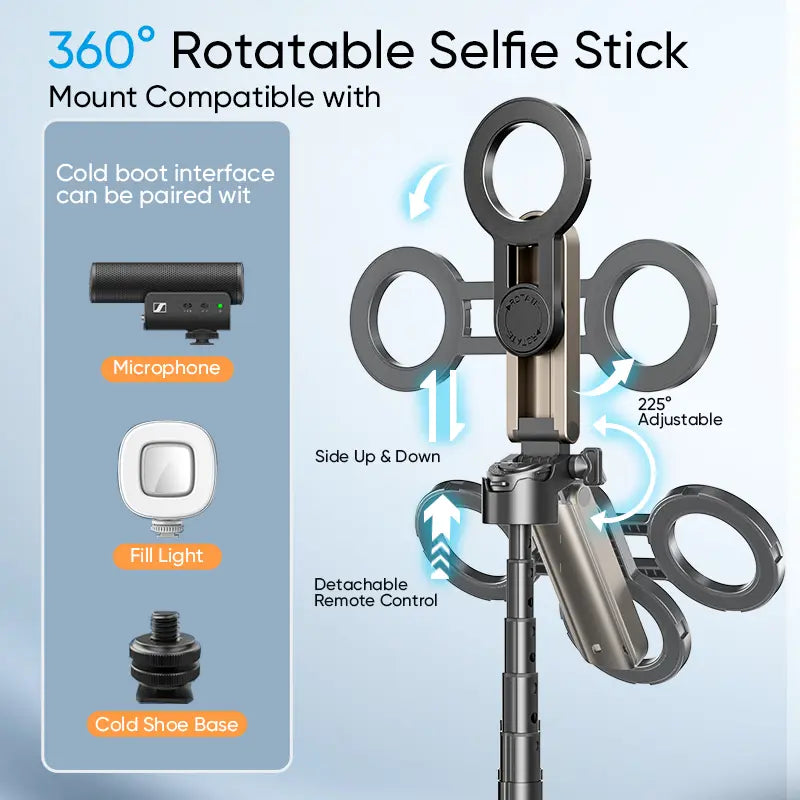 NEW - MAGIC JOHN 4-in-1 Multifunctional Magnetic Selfie Stick – 360° Rotation, Compact & Stylish, With wireless Bluetooth control, Magnetic Phone Holder for Selfies/Video Recording/Vlogging, Compatible with Most Phone Modes summerwins allveramart