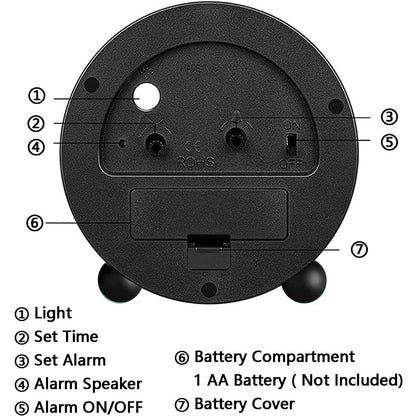 Compact Alarm Clock with Silent Second Hand and Yellow Night Light