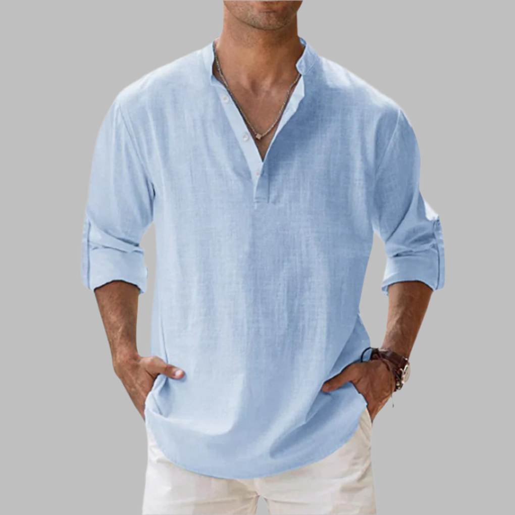 Breathable Linen Button-Down Shirt with Rollable Sleeves and Hip-Length Cut