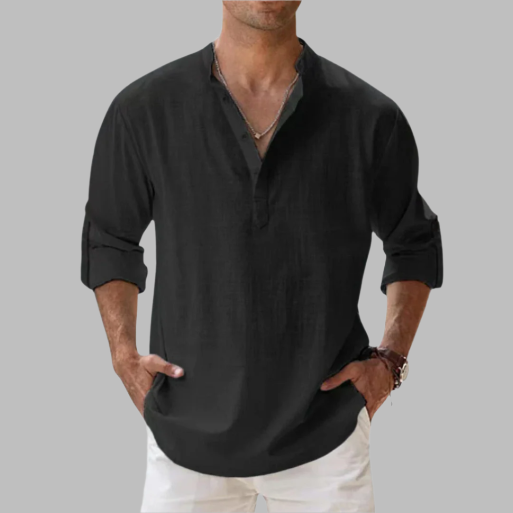 Breathable Linen Button-Down Shirt with Rollable Sleeves and Hip-Length Cut
