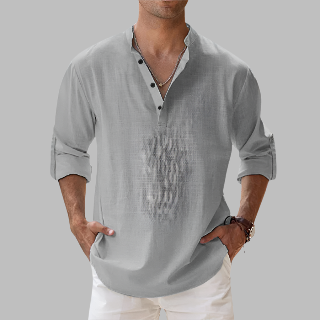Breathable Linen Button-Down Shirt with Rollable Sleeves and Hip-Length Cut