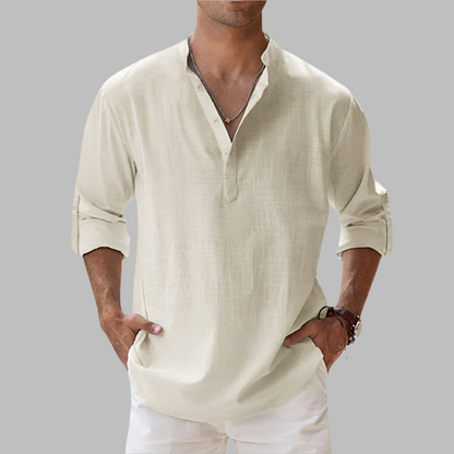 Breathable Linen Button-Down Shirt with Rollable Sleeves and Hip-Length Cut