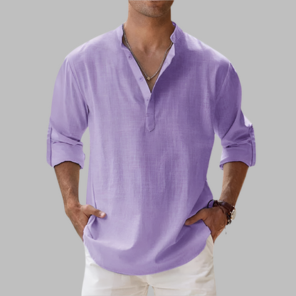 Breathable Linen Button-Down Shirt with Rollable Sleeves and Hip-Length Cut