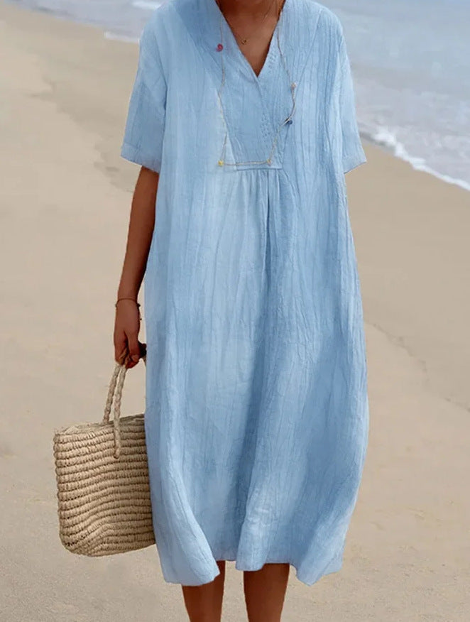 Lightweight Beach Dress with V-Neck and Polyester Blend, Short Sleeves