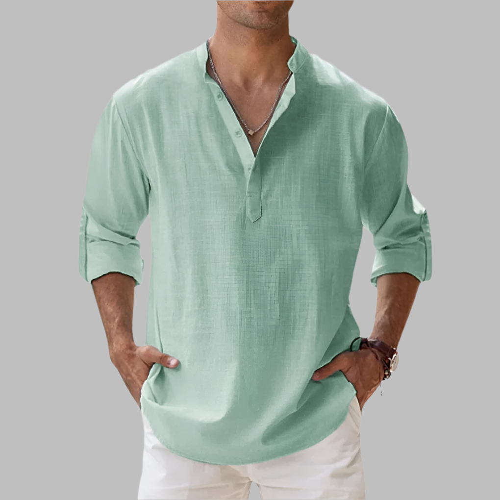 Breathable Linen Button-Down Shirt with Rollable Sleeves and Hip-Length Cut