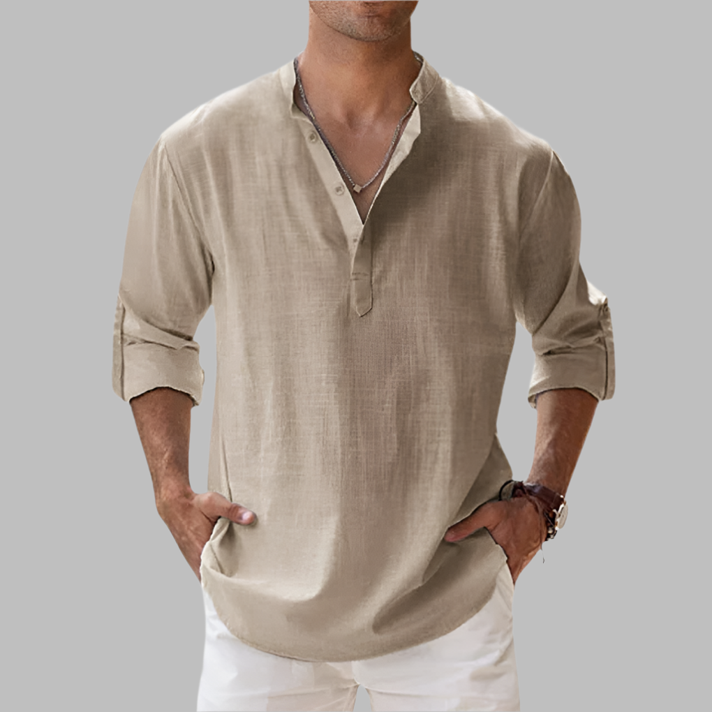 Breathable Linen Button-Down Shirt with Rollable Sleeves and Hip-Length Cut