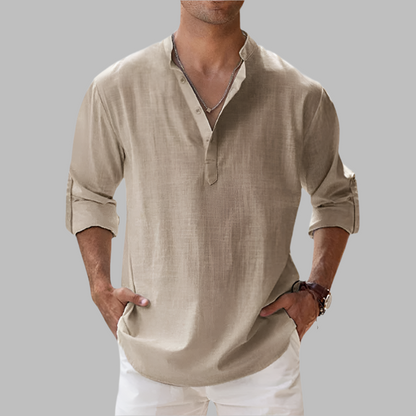 Breathable Linen Button-Down Shirt with Rollable Sleeves and Hip-Length Cut