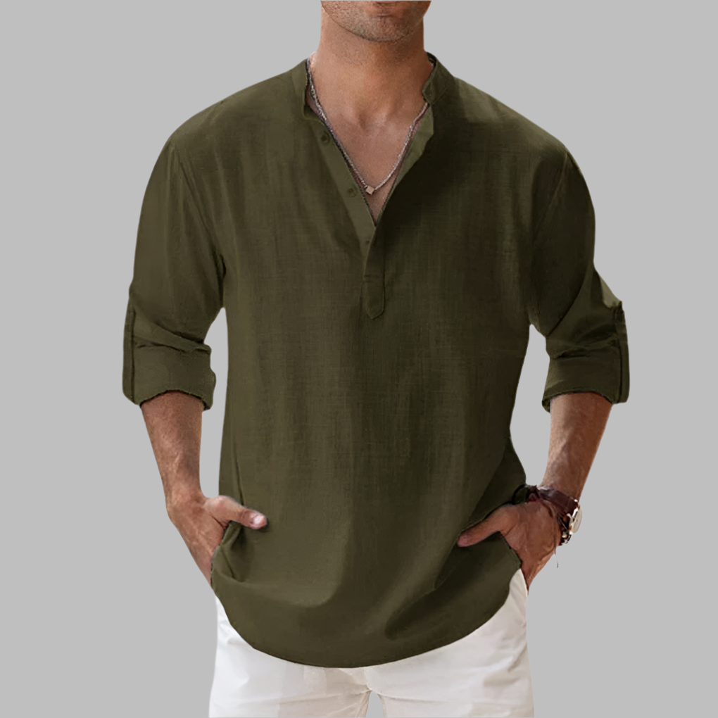 Breathable Linen Button-Down Shirt with Rollable Sleeves and Hip-Length Cut