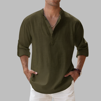 Breathable Linen Button-Down Shirt with Rollable Sleeves and Hip-Length Cut
