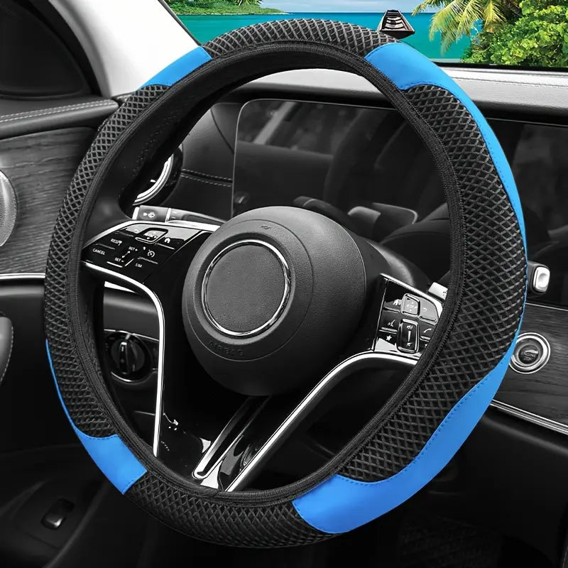Non inner circle ice silk mesh+wear-resistant PU leather splicing steering wheel cover, breathable and sweat absorbing, universal anti slip handle cover allveramart