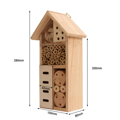 Wooden Insect Shelter with Multiple Nesting Chambers for Bees and Garden Pollinators