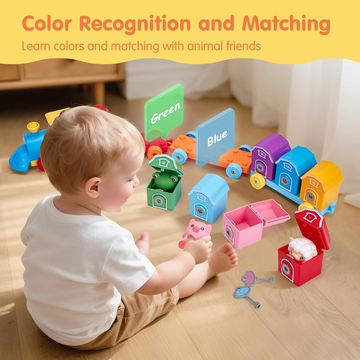 Wooden Train Set with Numbered Carts and Farm Animals for Toddler Counting and Sorting