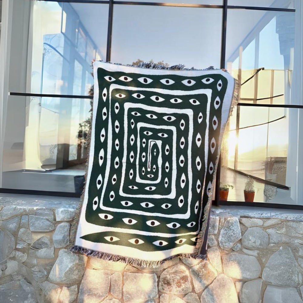Reversible Cotton Throw Blanket with Snake Eye Pattern and Tassel Edges, Green and Cream