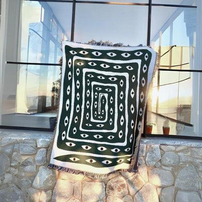 Reversible Cotton Throw Blanket with Snake Eye Pattern and Tassel Edges, Green and Cream